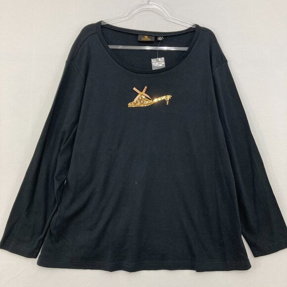 Quacker Factory size 3X Black Gold Sequins Stretch Knit Long Sleeve Casual Top - Picture 1 of 8